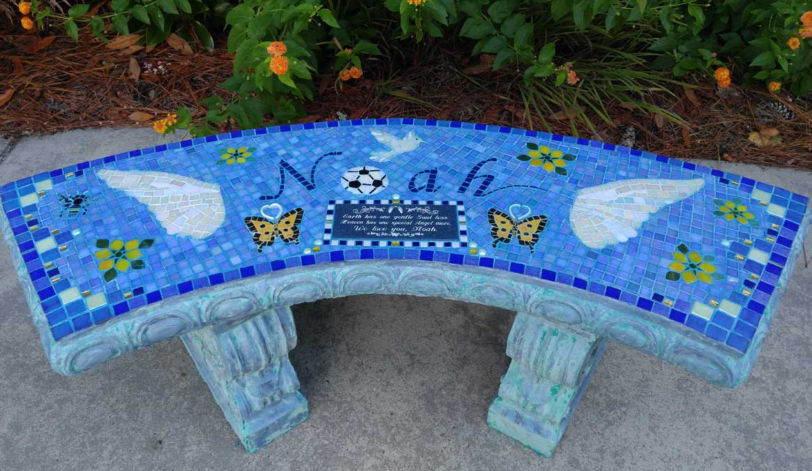 Mosaic Memorial Garden Bench of Noah's Wings by Water's End Studio Artist Linda Solby